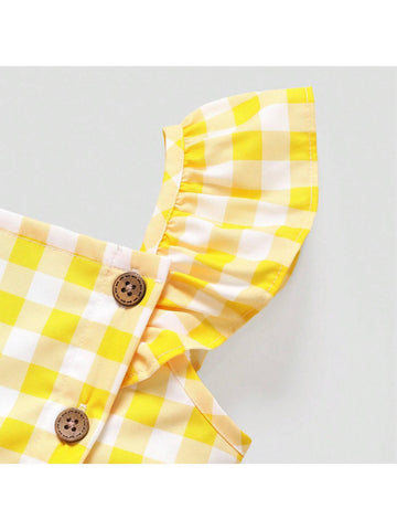Toddler Girl Button Design Lemon Print/Checkerboard Flutter-Sleeve Dress