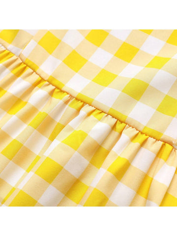 Toddler Girl Button Design Lemon Print/Checkerboard Flutter-Sleeve Dress
