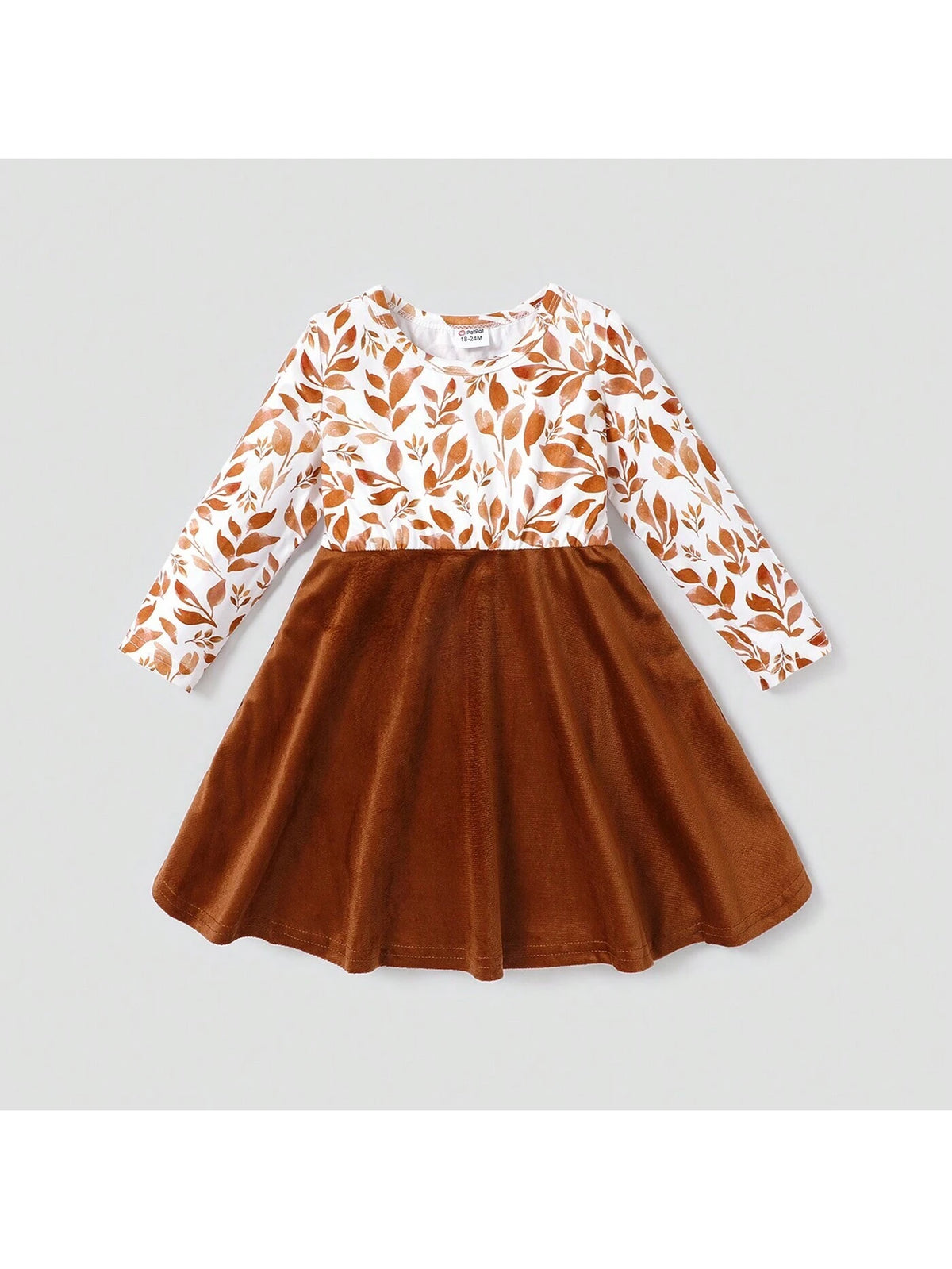 Toddler Girl Floral Leaf Print Velvet Splice Long-Sleeve Dress