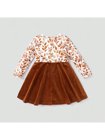 Toddler Girl Floral Leaf Print Velvet Splice Long-Sleeve Dress