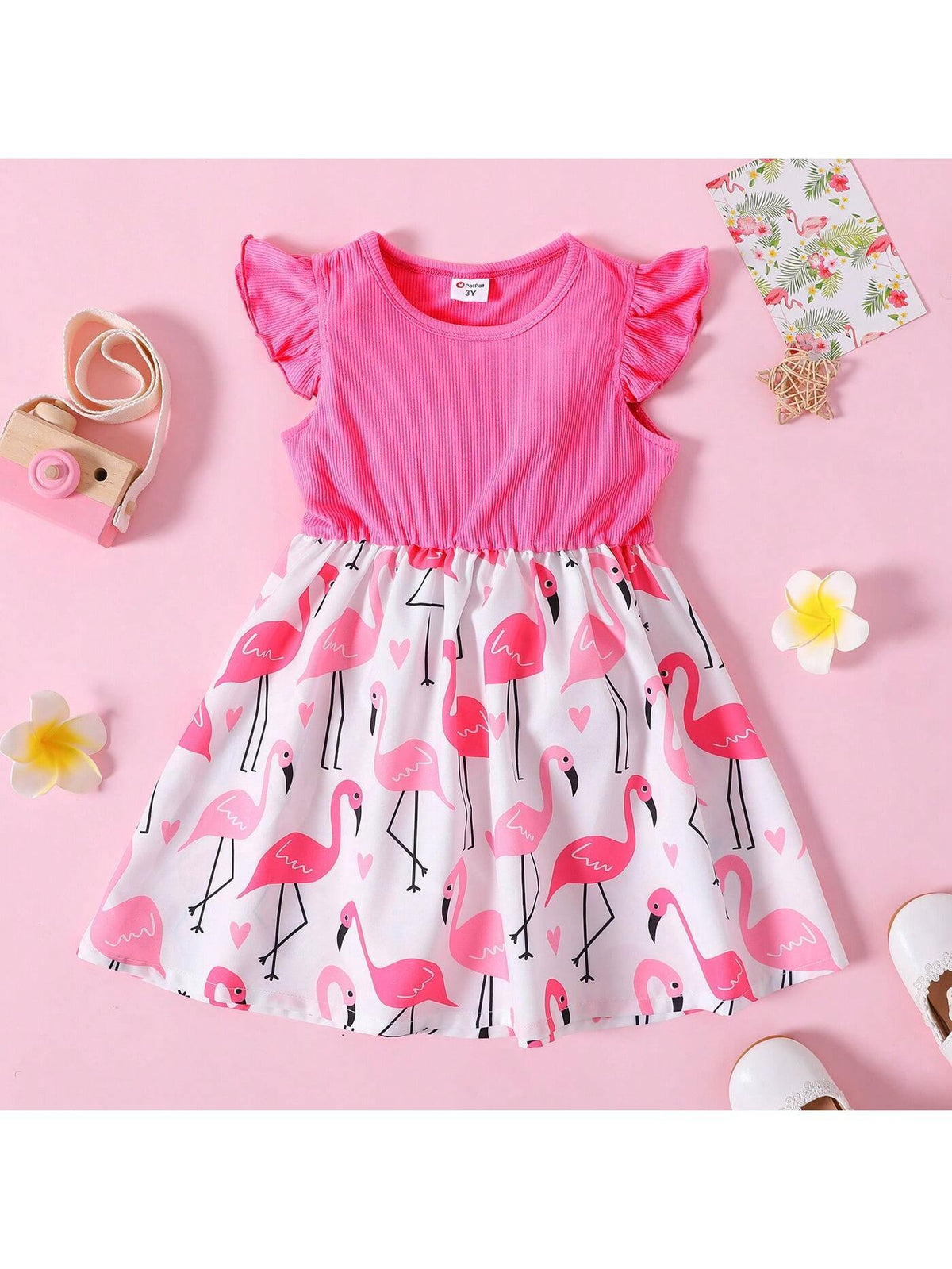 Toddler Girl Ribbed Flamingo Allover Ruffle Decor Flutter-Sleeve Dress