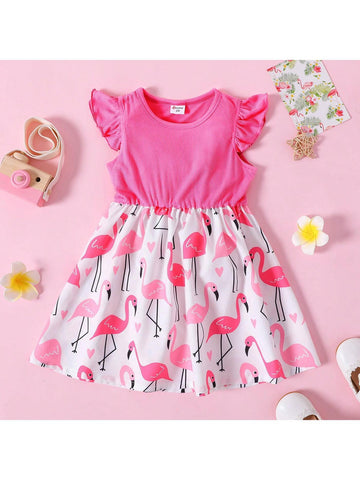 Toddler Girl Ribbed Flamingo Allover Ruffle Decor Flutter-Sleeve Dress