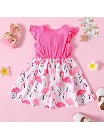 Toddler Girl Ribbed Flamingo Allover Ruffle Decor Flutter-Sleeve Dress