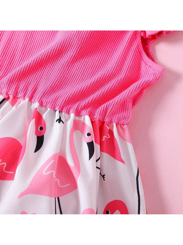 Toddler Girl Ribbed Flamingo Allover Ruffle Decor Flutter-Sleeve Dress