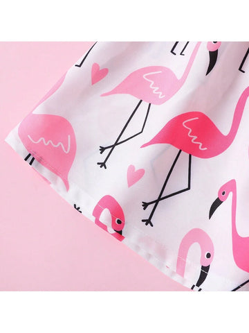 Toddler Girl Ribbed Flamingo Allover Ruffle Decor Flutter-Sleeve Dress