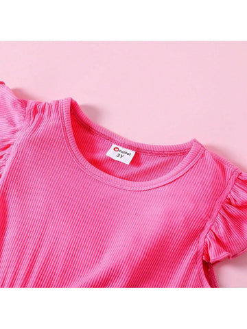 Toddler Girl Ribbed Flamingo Allover Ruffle Decor Flutter-Sleeve Dress