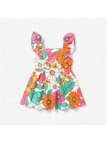 Toddler Girl Sweet Flutter Sleeve Floral Pattern Dress