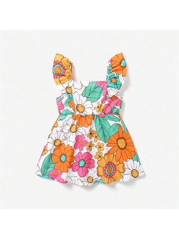 Toddler Girl Sweet Flutter Sleeve Floral Pattern Dress