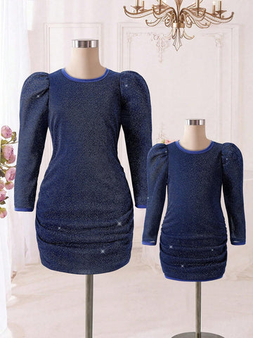 Toddler Girls 2024 New Fashion High Waist Long Sleeve Elegant Evening Dress, Mommy And Me Matching Outfits (3pcs Sold Separately)