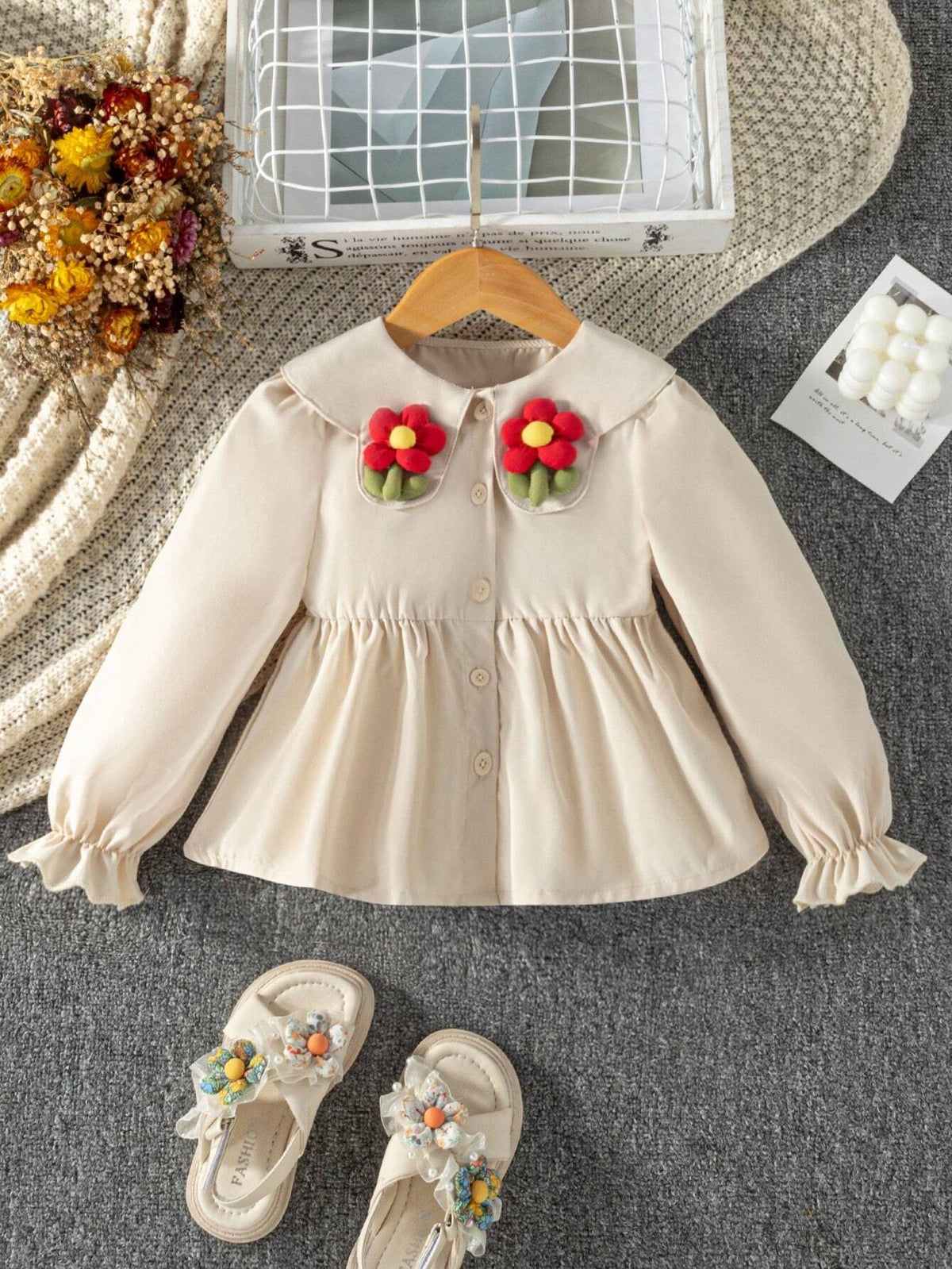 Toddler Girls 3D Floral Decor Lapel Shirt Dress, Khaki Long Sleeve, Casual, Cute, Versatile For Spring, Autumn, Winter