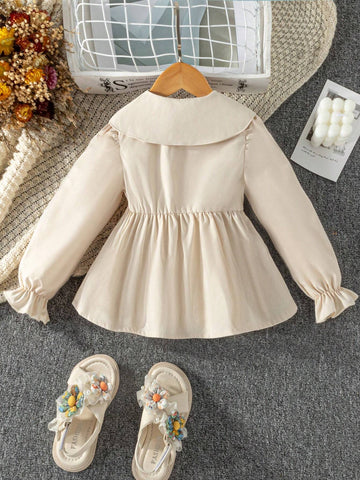 Toddler Girls 3D Floral Decor Lapel Shirt Dress, Khaki Long Sleeve, Casual, Cute, Versatile For Spring, Autumn, Winter