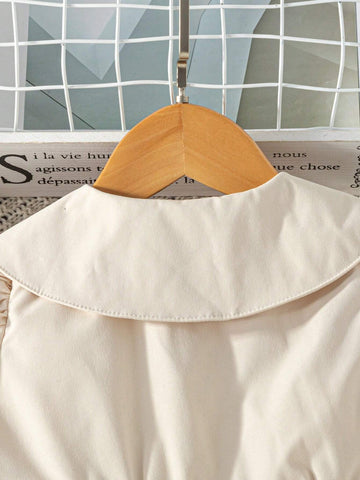 Toddler Girls 3D Floral Decor Lapel Shirt Dress, Khaki Long Sleeve, Casual, Cute, Versatile For Spring, Autumn, Winter