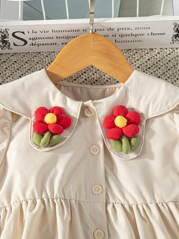 Toddler Girls 3D Floral Decor Lapel Shirt Dress, Khaki Long Sleeve, Casual, Cute, Versatile For Spring, Autumn, Winter