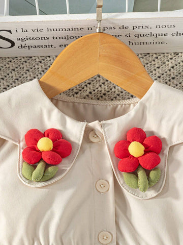 Toddler Girls 3D Floral Decor Lapel Shirt Dress, Khaki Long Sleeve, Casual, Cute, Versatile For Spring, Autumn, Winter