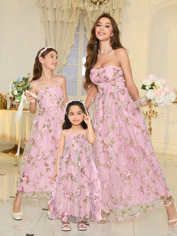 Toddler Girls" 3D Floral Sweet Pink Sleeveless Dress, Sold Separately As Part Of The "Mommy And Me Matching Outfits" Set