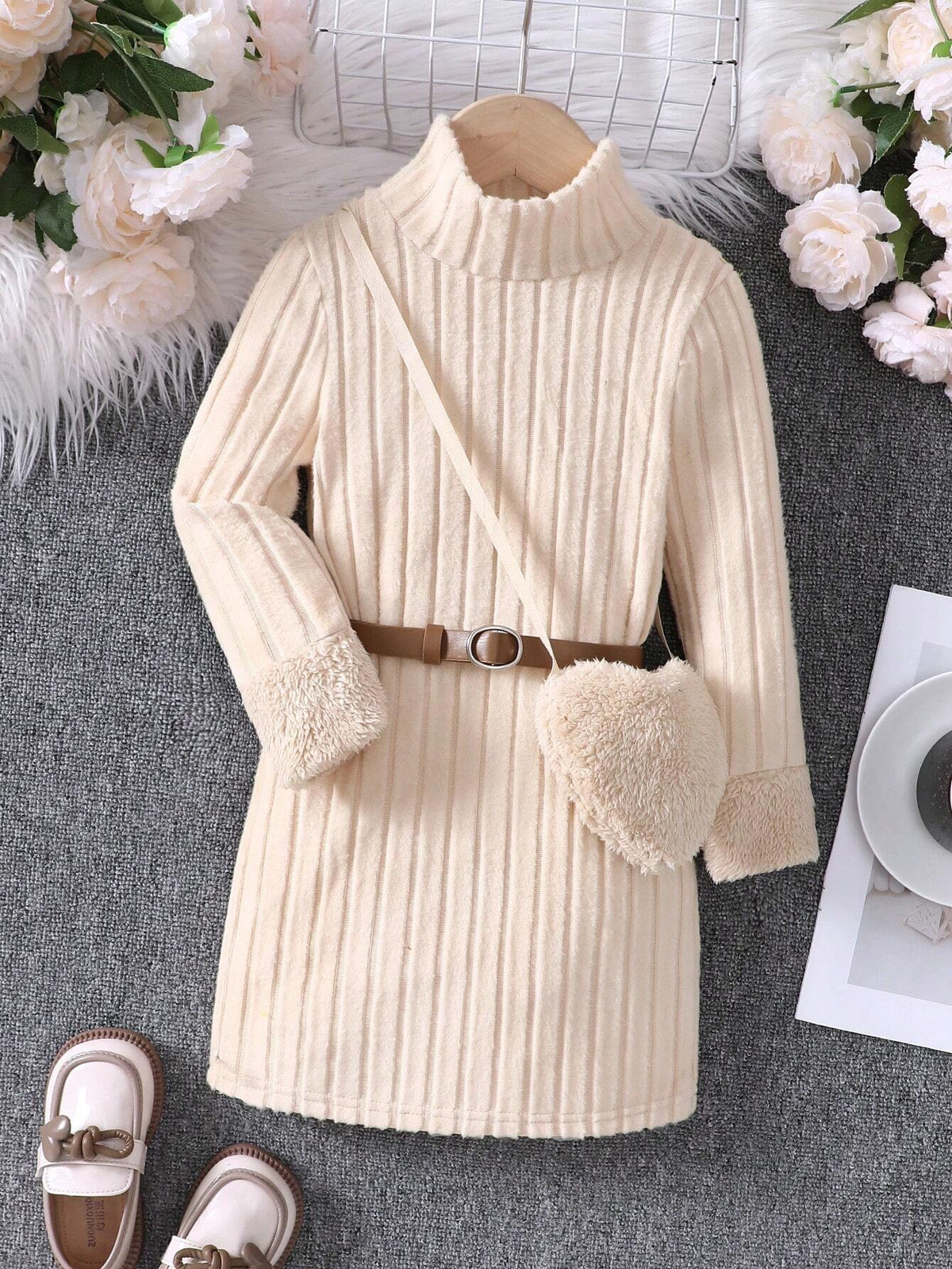Toddler Girls Autumn Winter High Neck Long Sleeve Patchwork Fluffy Textured Knit Bodycon Dress With Plush Belt And Heart Shape Crossbody Bag