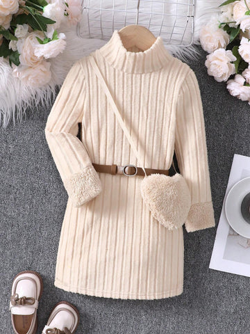 Toddler Girls Autumn Winter High Neck Long Sleeve Patchwork Fluffy Textured Knit Bodycon Dress With Plush Belt And Heart Shape Crossbody Bag