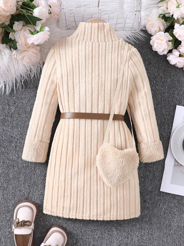 Toddler Girls Autumn Winter High Neck Long Sleeve Patchwork Fluffy Textured Knit Bodycon Dress With Plush Belt And Heart Shape Crossbody Bag