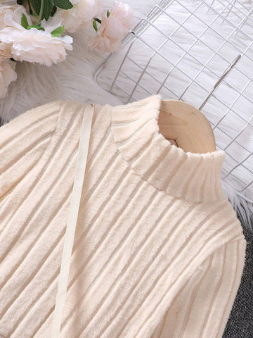 Toddler Girls Autumn Winter High Neck Long Sleeve Patchwork Fluffy Textured Knit Bodycon Dress With Plush Belt And Heart Shape Crossbody Bag