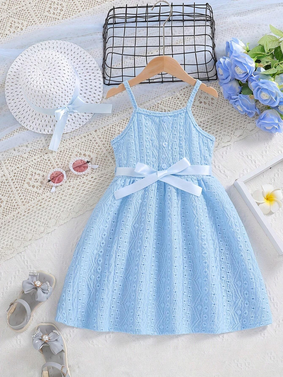 Toddler Girls' Blue Dress With Hat, 2pcs/Set, Lightweight For Summer, Suitable For Daily Wear