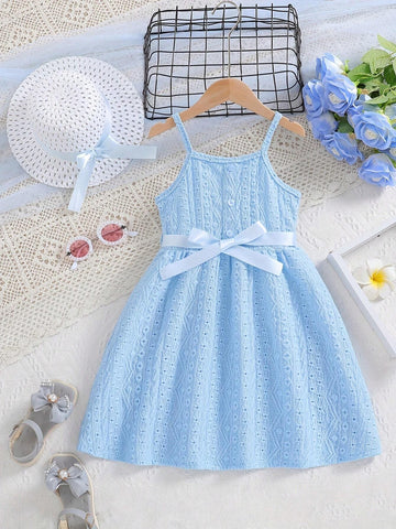 Toddler Girls' Blue Dress With Hat, 2pcs/Set, Lightweight For Summer, Suitable For Daily Wear