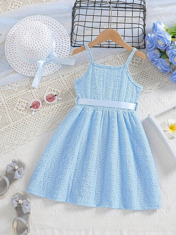 Toddler Girls' Blue Dress With Hat, 2pcs/Set, Lightweight For Summer, Suitable For Daily Wear