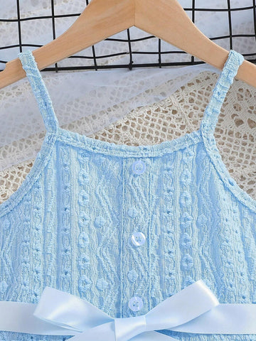 Toddler Girls' Blue Dress With Hat, 2pcs/Set, Lightweight For Summer, Suitable For Daily Wear