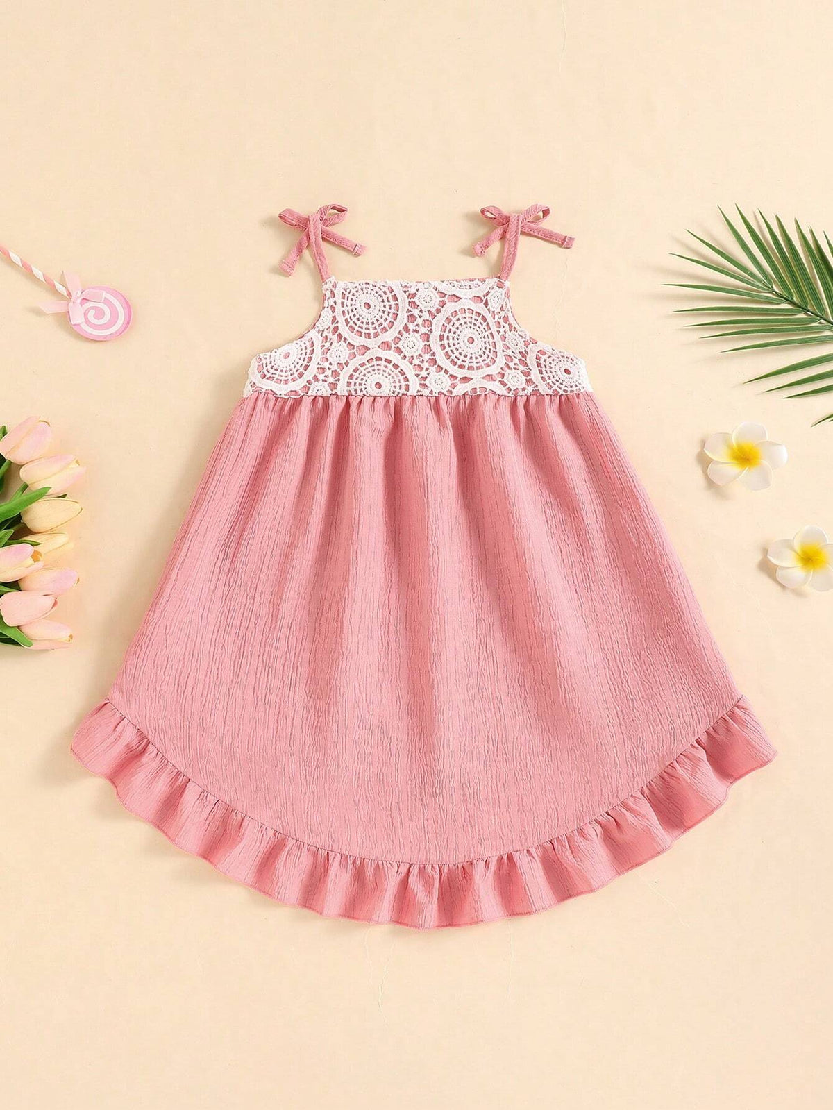 Toddler Girls Bowknot Strap Solid Pink Hollow Floral Lace Decor Casual A-Line Dress, Summer