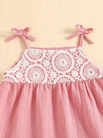 Toddler Girls Bowknot Strap Solid Pink Hollow Floral Lace Decor Casual A-Line Dress, Summer