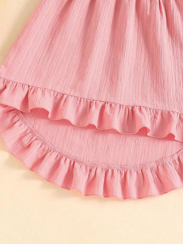 Toddler Girls Bowknot Strap Solid Pink Hollow Floral Lace Decor Casual A-Line Dress, Summer