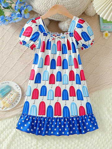 Toddler Girls" Bubble Short Sleeve Popsicle Print Dress With Independence Day Elements For Summer