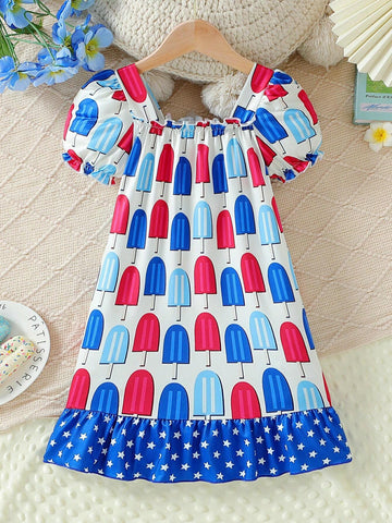 Toddler Girls" Bubble Short Sleeve Popsicle Print Dress With Independence Day Elements For Summer