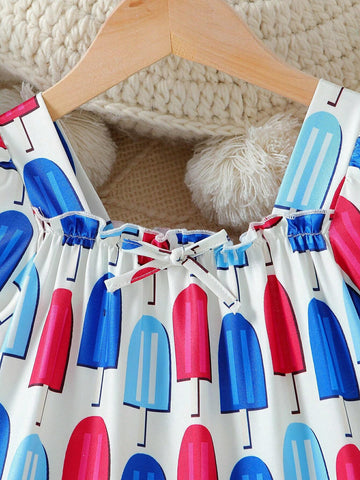 Toddler Girls" Bubble Short Sleeve Popsicle Print Dress With Independence Day Elements For Summer