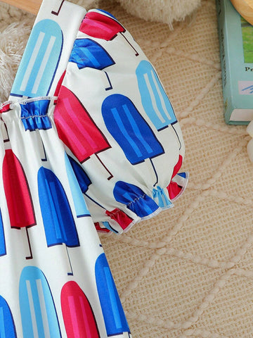 Toddler Girls" Bubble Short Sleeve Popsicle Print Dress With Independence Day Elements For Summer
