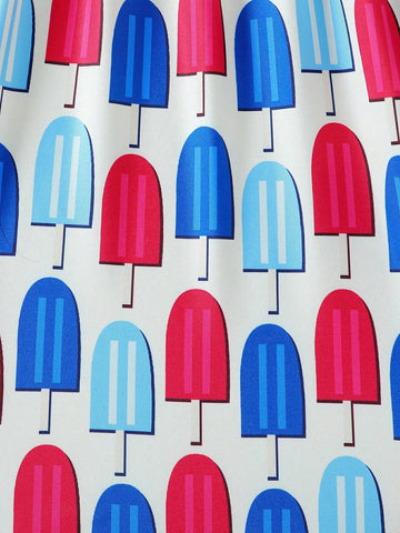 Toddler Girls" Bubble Short Sleeve Popsicle Print Dress With Independence Day Elements For Summer