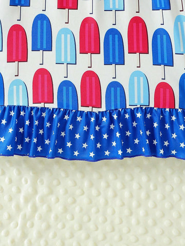 Toddler Girls" Bubble Short Sleeve Popsicle Print Dress With Independence Day Elements For Summer