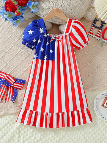 Toddler Girls Bubble Short Sleeve Striped Dress With Independent Day Elements And Color-Block Design For Summer