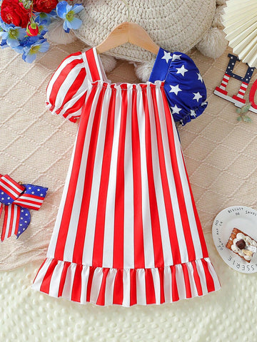 Toddler Girls Bubble Short Sleeve Striped Dress With Independent Day Elements And Color-Block Design For Summer