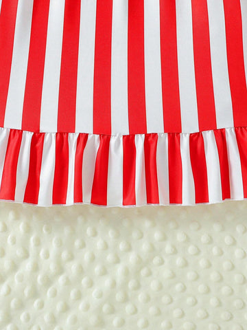 Toddler Girls Bubble Short Sleeve Striped Dress With Independent Day Elements And Color-Block Design For Summer