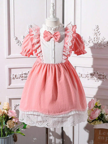 Toddler Girls" Bubble Sleeve Dress With Lace & Ruffle Detail