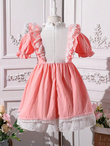 Toddler Girls" Bubble Sleeve Dress With Lace & Ruffle Detail