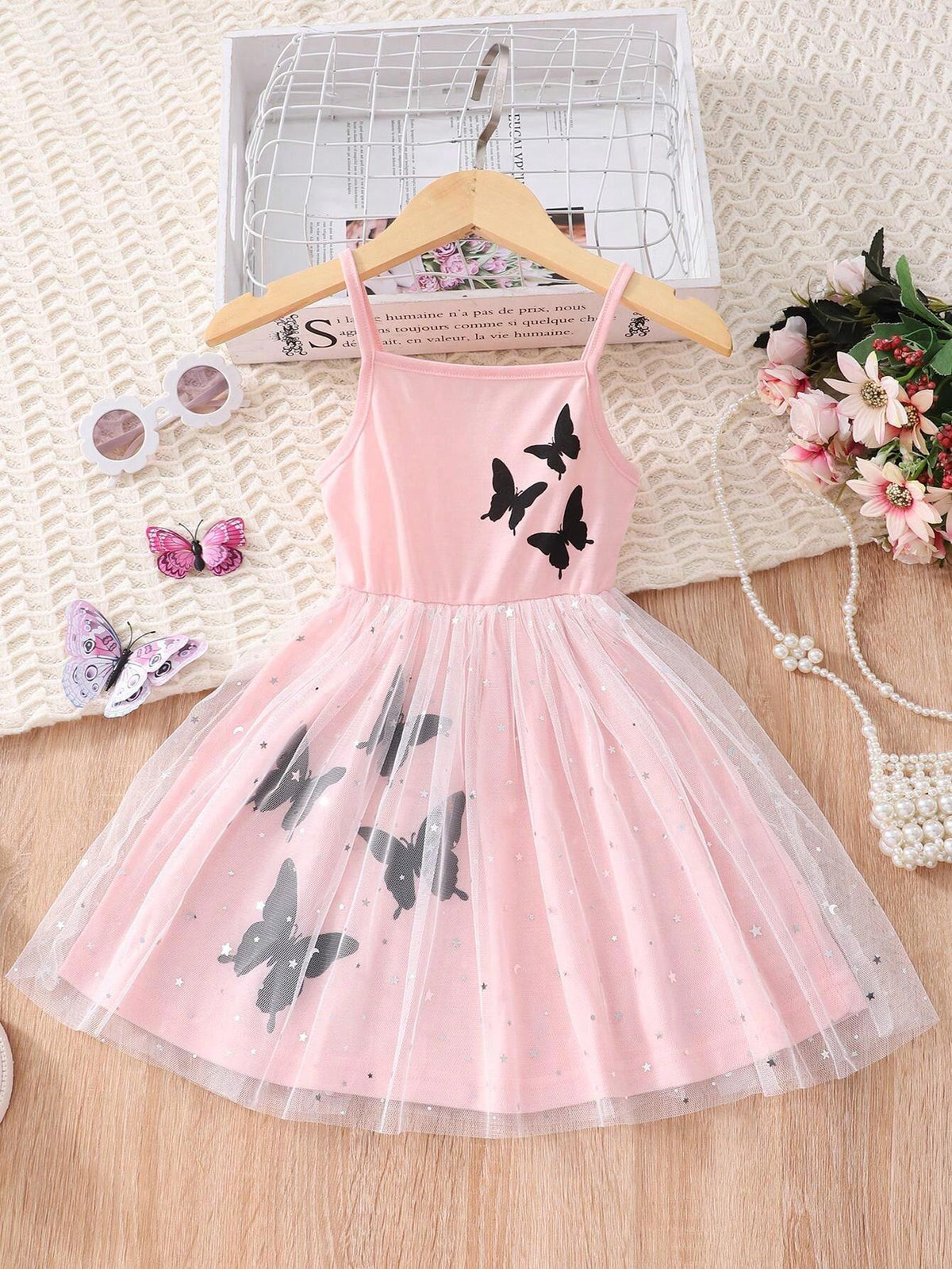 Toddler Girls" Butterfly Printed Spaghetti Strap Dress With Mesh Patchwork For Summer, Casual And Cute