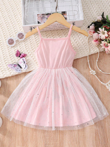 Toddler Girls" Butterfly Printed Spaghetti Strap Dress With Mesh Patchwork For Summer, Casual And Cute