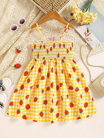 Toddler Girls' Butterfly Strap Dress, Strawberry Plaid Print, Casual A-Line Sundress, Summer
