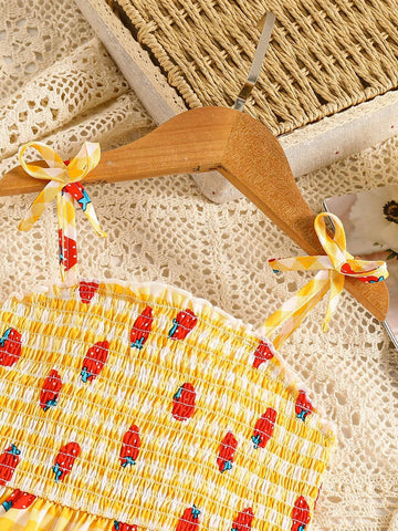Toddler Girls' Butterfly Strap Dress, Strawberry Plaid Print, Casual A-Line Sundress, Summer
