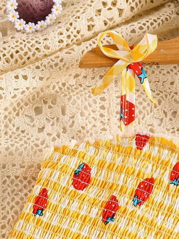 Toddler Girls' Butterfly Strap Dress, Strawberry Plaid Print, Casual A-Line Sundress, Summer