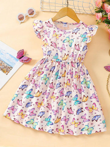 Toddler Girls" Cartoon Butterfly Print Casual Dress With Flying Sleeves