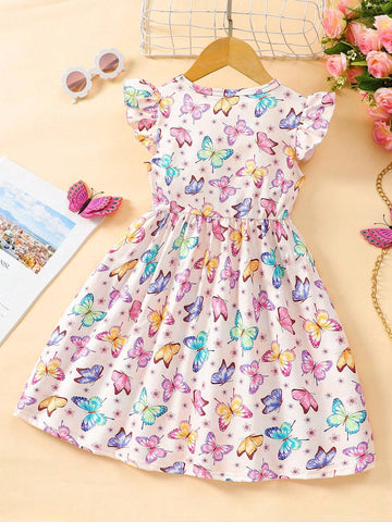 Toddler Girls" Cartoon Butterfly Print Casual Dress With Flying Sleeves