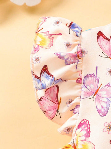 Toddler Girls" Cartoon Butterfly Print Casual Dress With Flying Sleeves