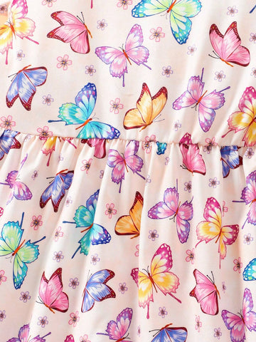 Toddler Girls" Cartoon Butterfly Print Casual Dress With Flying Sleeves